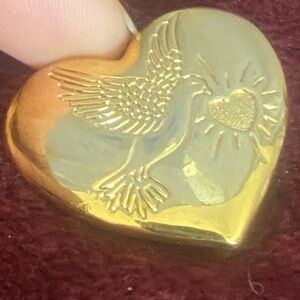 Vintage Gold Heart-Shaped Brooch Pin with Dove Design Peace